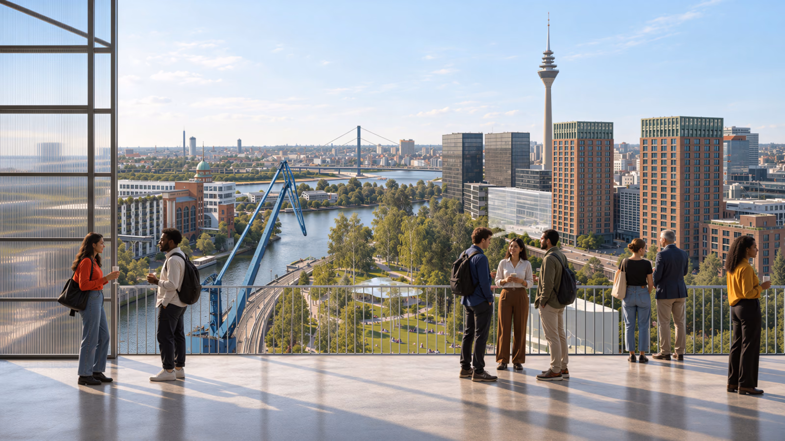 Rendering: people talking on a roof terrace overlooking green spaces, the harbor and high-rises all the way to the Rheinturm.